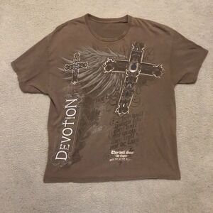 Y2K Vtg 2000s Devotion Cross Graphic T Shirt Brown XL Affliction MMA Grunge Tee